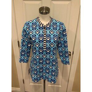 J. McLaughlin Blue & White Printed Pop-over Shirt, Size Small